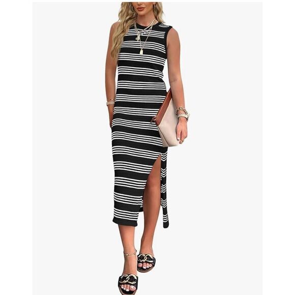 NEW Midi Sleeveless Knit Side Slit Striped Maxi Tank Sweater Dress S - Picture 1 of 7